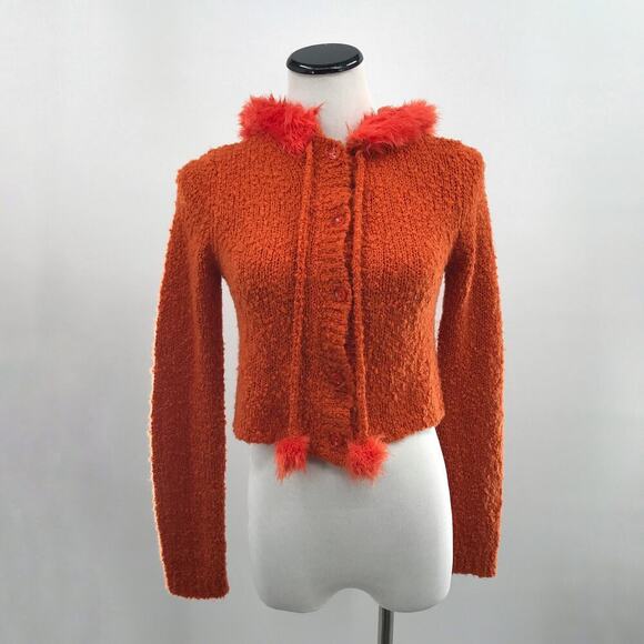 Unif NWT Fuku Orange Fuzzy Hooded Cropped Cardigan Sweater XS - Picture 6 of 12